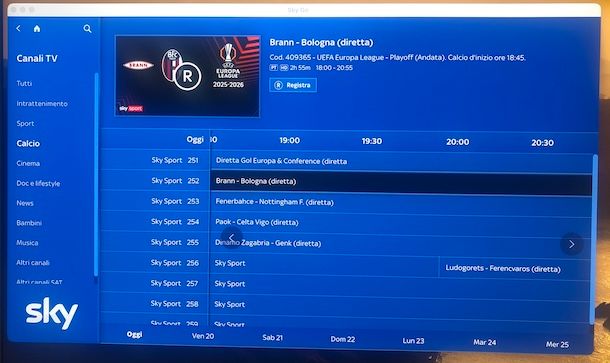 Guida TV su Sky Go