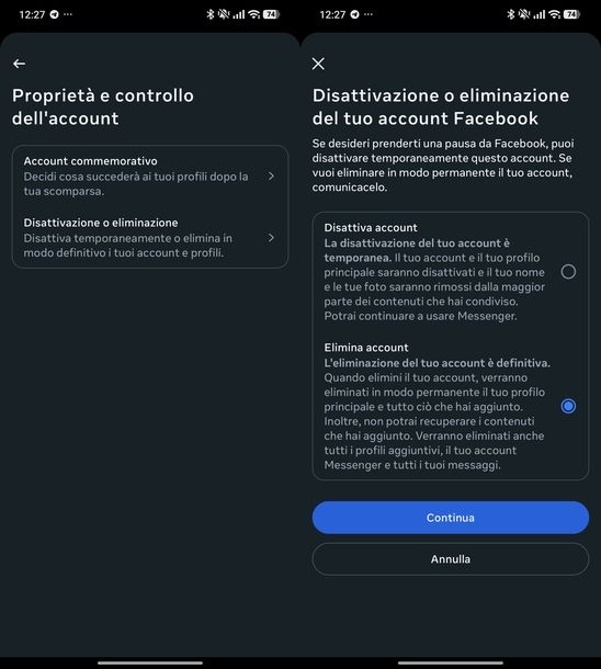 Disattivare account Messenger Android