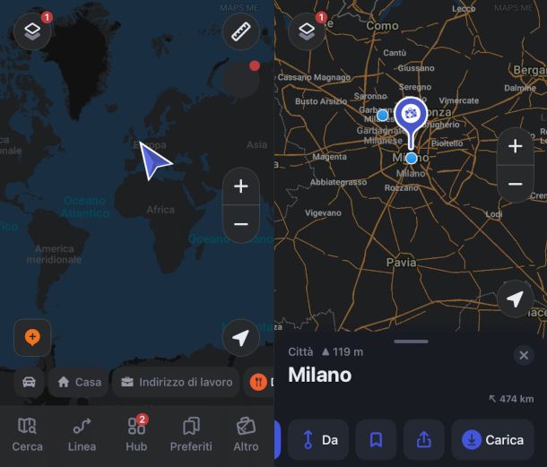 schermate app MAPS.ME per download mappe offline