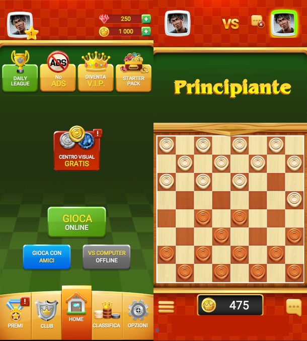 schermate app Dama Online e Offline