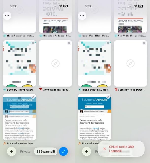 chiudere tutti i pannelli Safari iPhone 