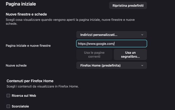 Impostare Google come pagina iniziale Firefox PC