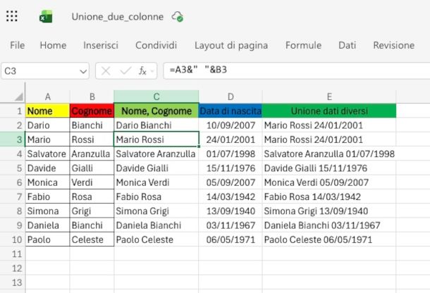 unione celle su Excel online con operatore &