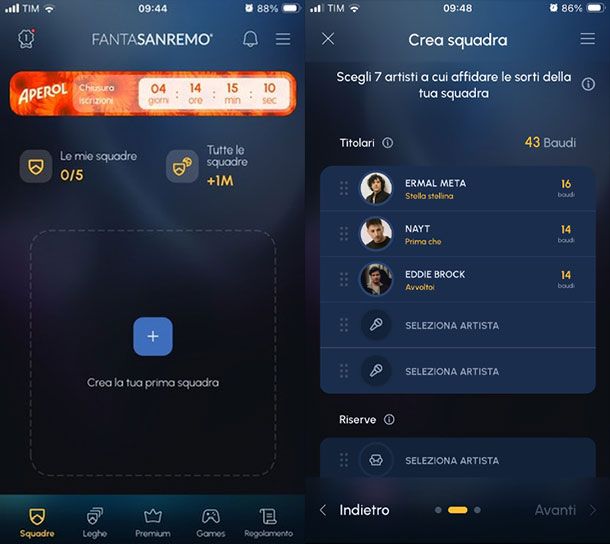 Come creare squadra FantaSanremo su app
