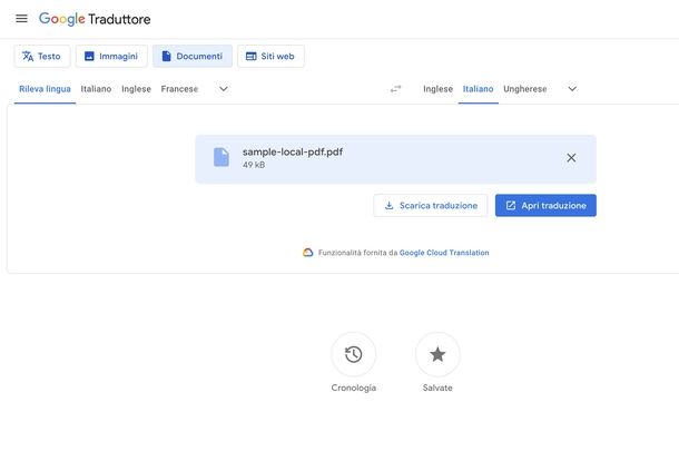 Tradurre testo PDF Google Traduttore