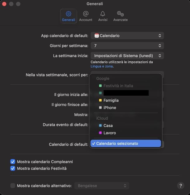 Cambiare account di default Calendario macOS