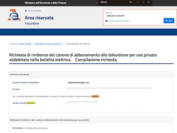 Richiesta rimborso canone Rai defunto