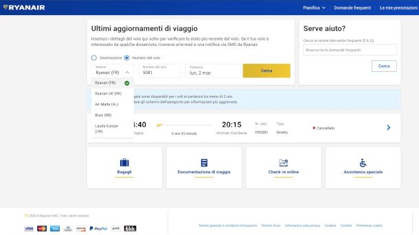 ricerca voli su sito Ryanair