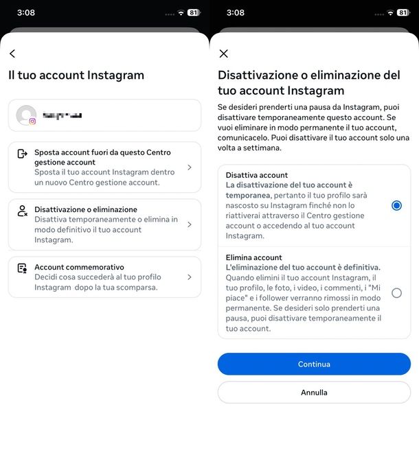 eliminare account multipli Instagram app