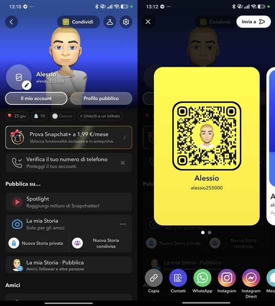 Condividere link profilo Snapchat