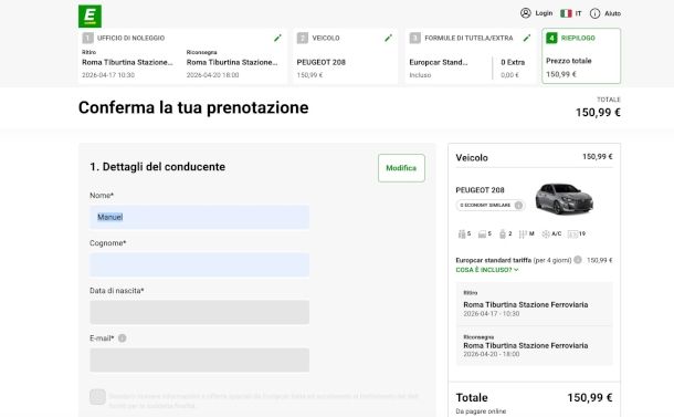 conferma prenotazione sito Europcar
