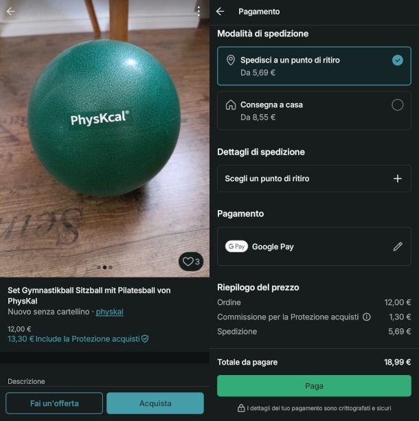 finalizzazione acquisto su app Vinted