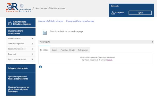 schermata pagina situazione debitoria sito Agenzia delle Entrate