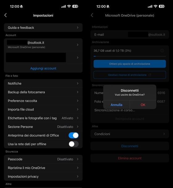 Scollegare account OneDrive iOS