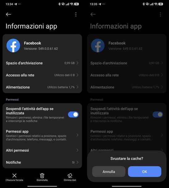 Svuotare cache Facebook app Android
