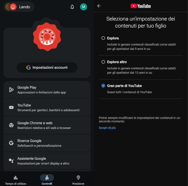 schermate app Family Link sezione impostazioni YouTube