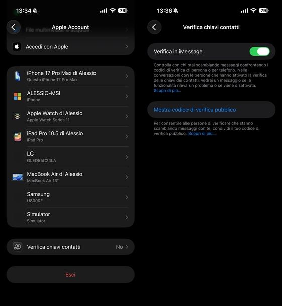 Attivare verifica chiavi contatti iOS