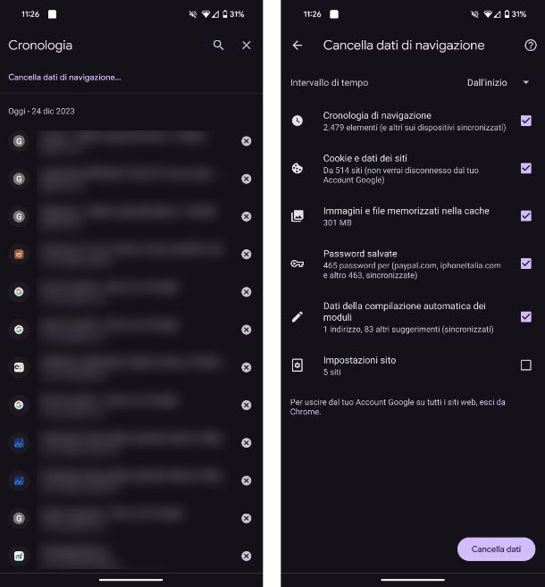 Cancellare la cronologia del browser