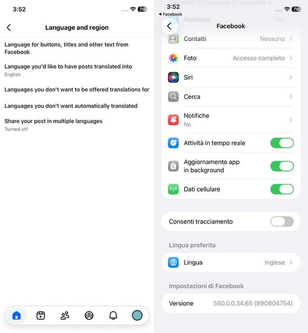 Impostare in italiano Facebook iPhone