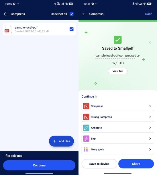 Ridurre dimensioni file PDF Smallpdf Android
