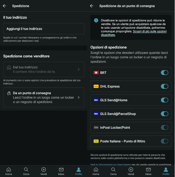 impostazioni spedizione app Vinted