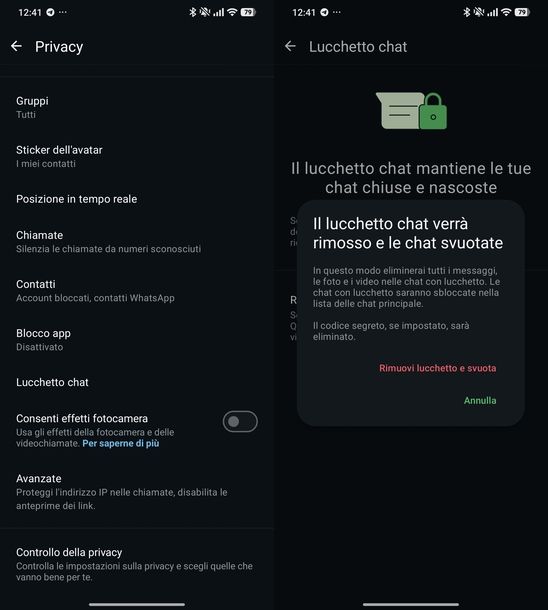 Disattivare lucchetto chat WhatsApp Android