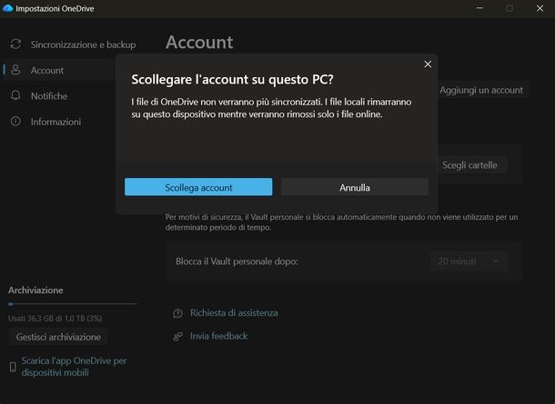 Scollegare account OneDrive Windows