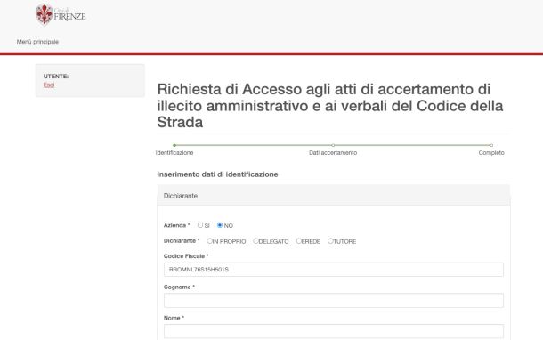 pagina sito comune di Firenze per multe e sanzioni