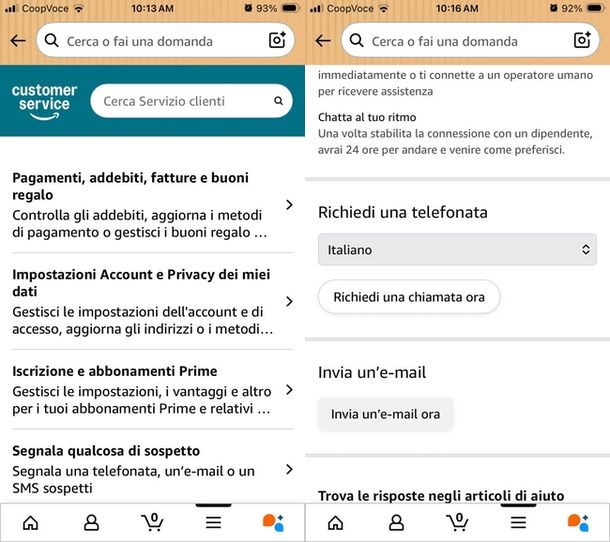 Amazon Prime contattare telefonicamente app