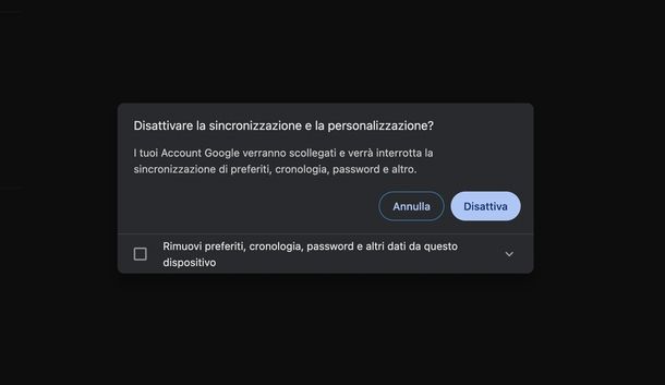 Disattivare sincronizzazione personalizzazione Google Chrome