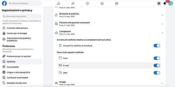 eliminare le notifiche via email Facebook PC