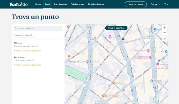 mappa punti di ritiro su sito Vinted Go