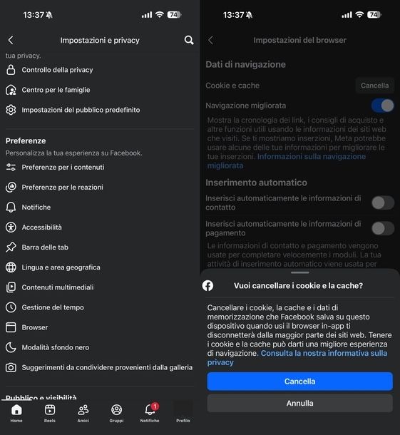 Svuotare cache Facebook browser iOS