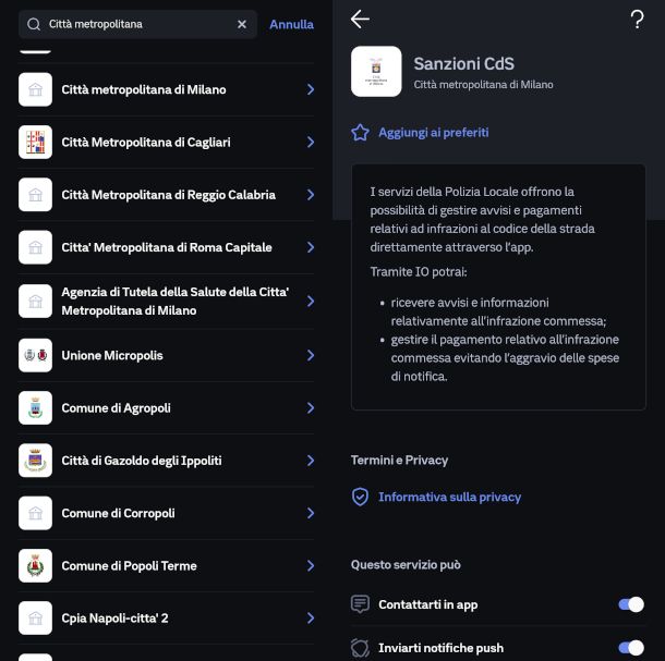 servizio Sanzioni CdS Citt&agrave; Metropolitana di Milano su app IO
