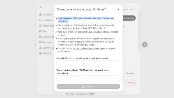 Account ChatGPT eliminato