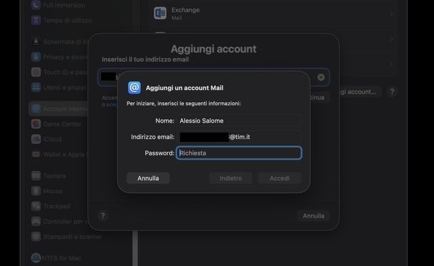 Aggiungere account Alice Mail Apple Mail macOS