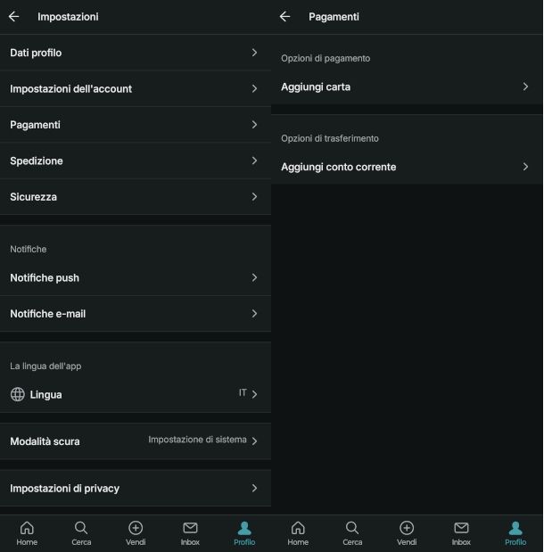 impostazioni app Vinted per pagamenti