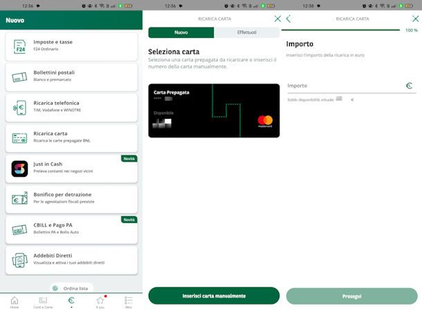 sito BNL, sezione ricarica prepagate