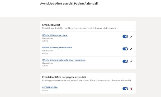 schermata avvisi Job Alert su profilo Indeed
