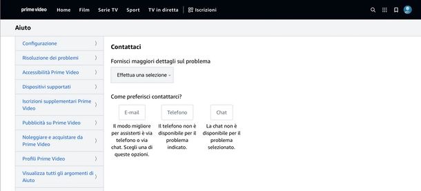 opzioni di contatto Amazon Prime Video sito