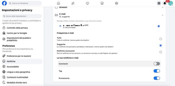 gestire notifiche Facebook via email PC