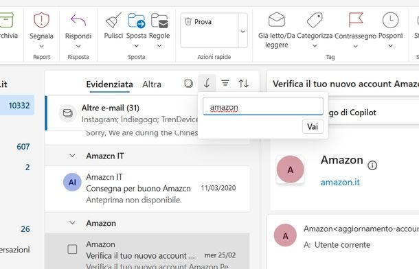 Eliminare tutte email di un mittente Microsoft Outlook Windows