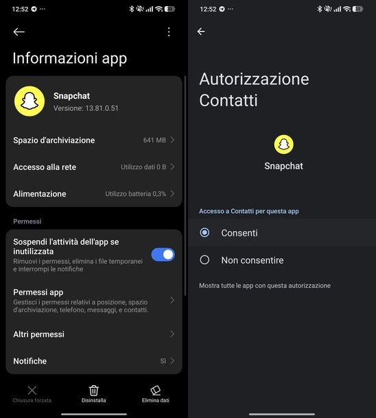 Concedere permesso accesso rubrica Snapchat Android
