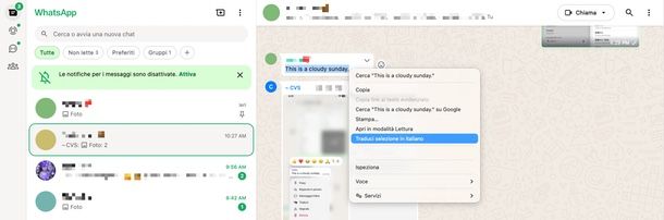 tradurre un messaggio WhatsApp Web
