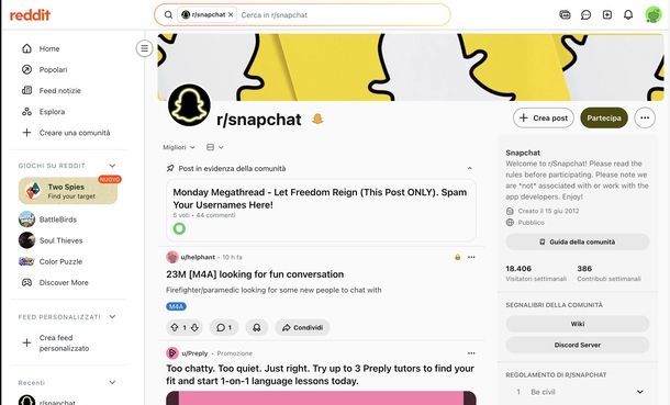 Trovare amici Snapchat community