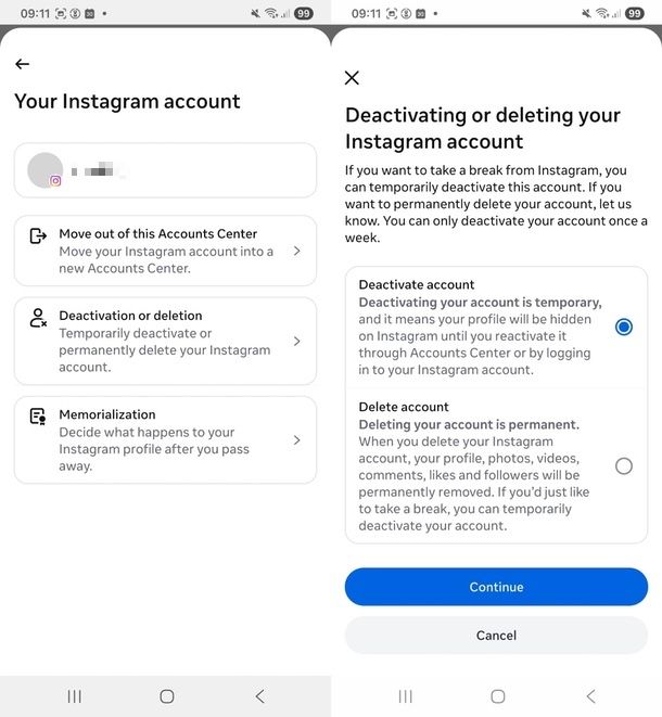 cancellare account Instagram in Inglese