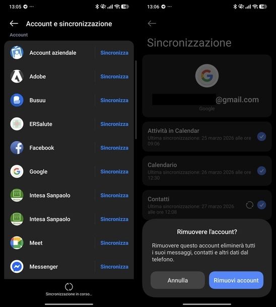 Rimuovere account Google impostazioni Android