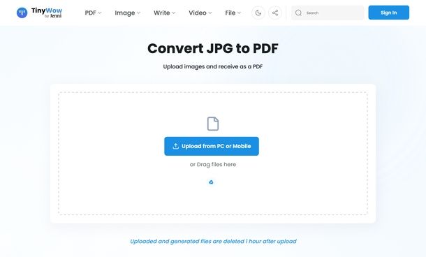 Convertire JPG in PDF TinyWow