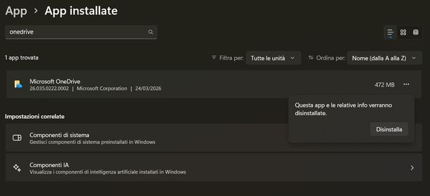 Disinstallare OneDrive Windows