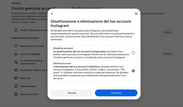 disattivare definitivamente account Instagram PC